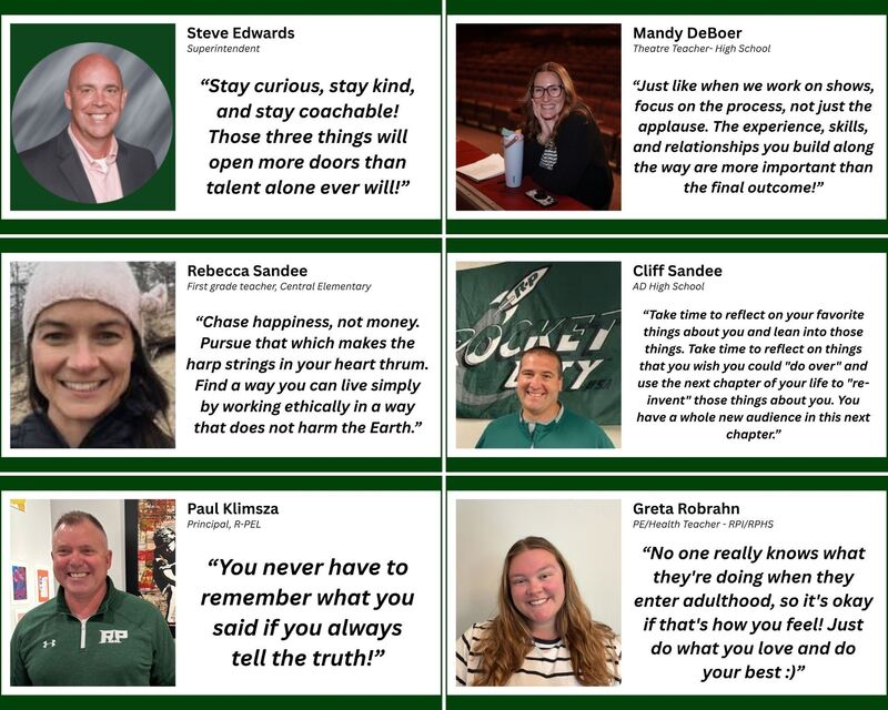 Faculty advice card for the Class of 2026 featuring graduation advice from a Reeths-Puffer staff members.