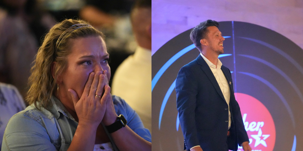 on the left is a teacher covering her mouth with tears in her eyes, a joyful moment after winning teacher of the year. the left side is the male teacher of the year walking on stage smiling.