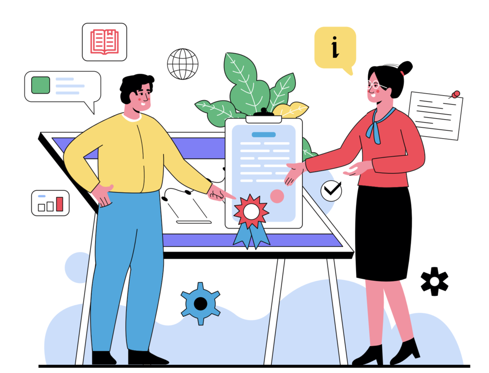 graphic illustration (cartoon) of two professionals standing in front of a certification paper