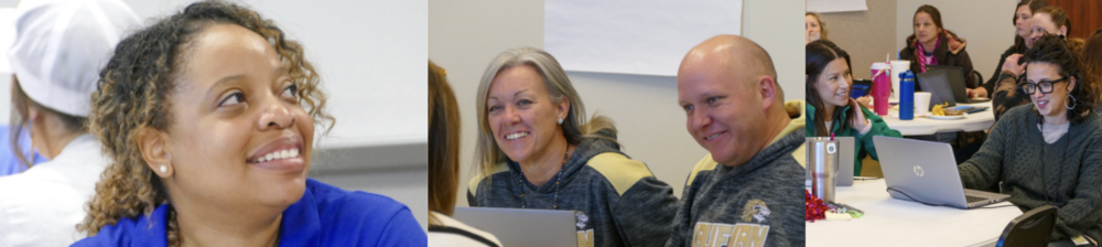 People enjoying professional developments. Left side is a picture is a woman smiling, middle is two individuals in conversation, and the third picture is two individuals looking at a computer screen and talking with smiles on their faces.