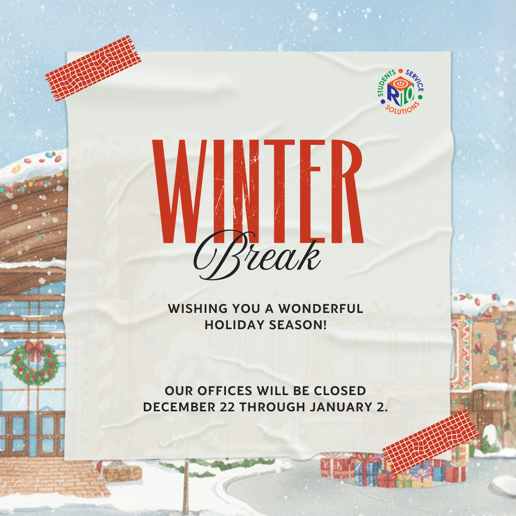 Graphic announcing 'Winter Break' with a festive background of snow-covered buildings. Text reads 'Wishing you a wonderful holiday season! Our offices will be closed December 22 through January 2.