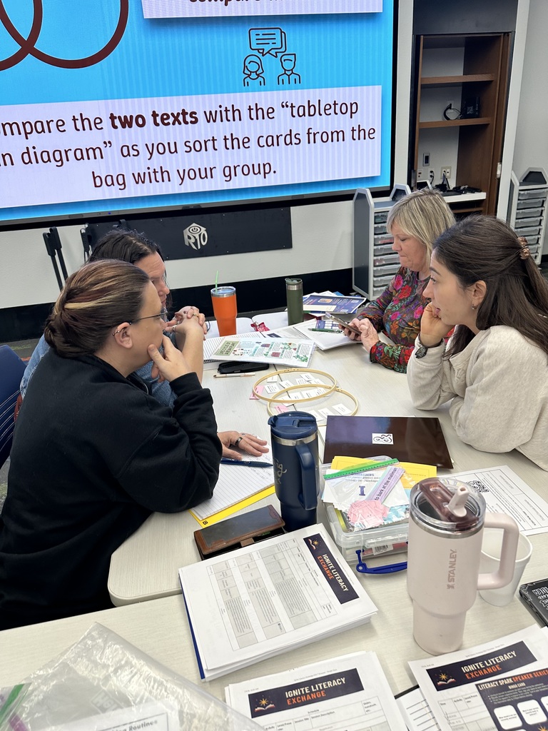 A group of people sit around a table engaged in discussion. The tabletop is covered with papers, notebooks, and drinks. A large screen in the background displays the text "Compare the two texts with the 'tabletop Venn diagram' as you sort the cards from the bag with your group."