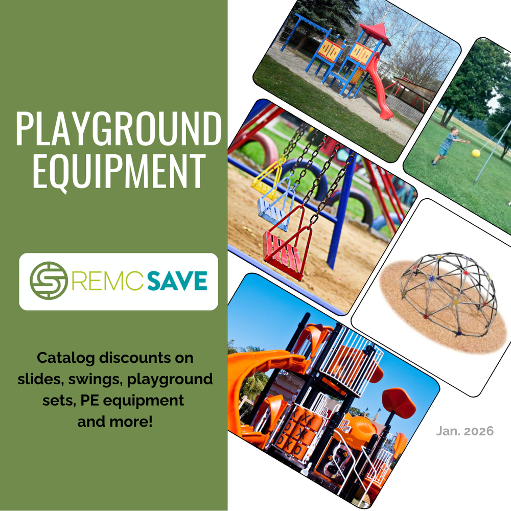Image shows multiple photos of playground equipment including slides, swings, climbing structures, and a child playing with a ball. Text reads “Playground Equipment” and “Catalog discounts on slides, swings, playground sets, PE equipment and more.