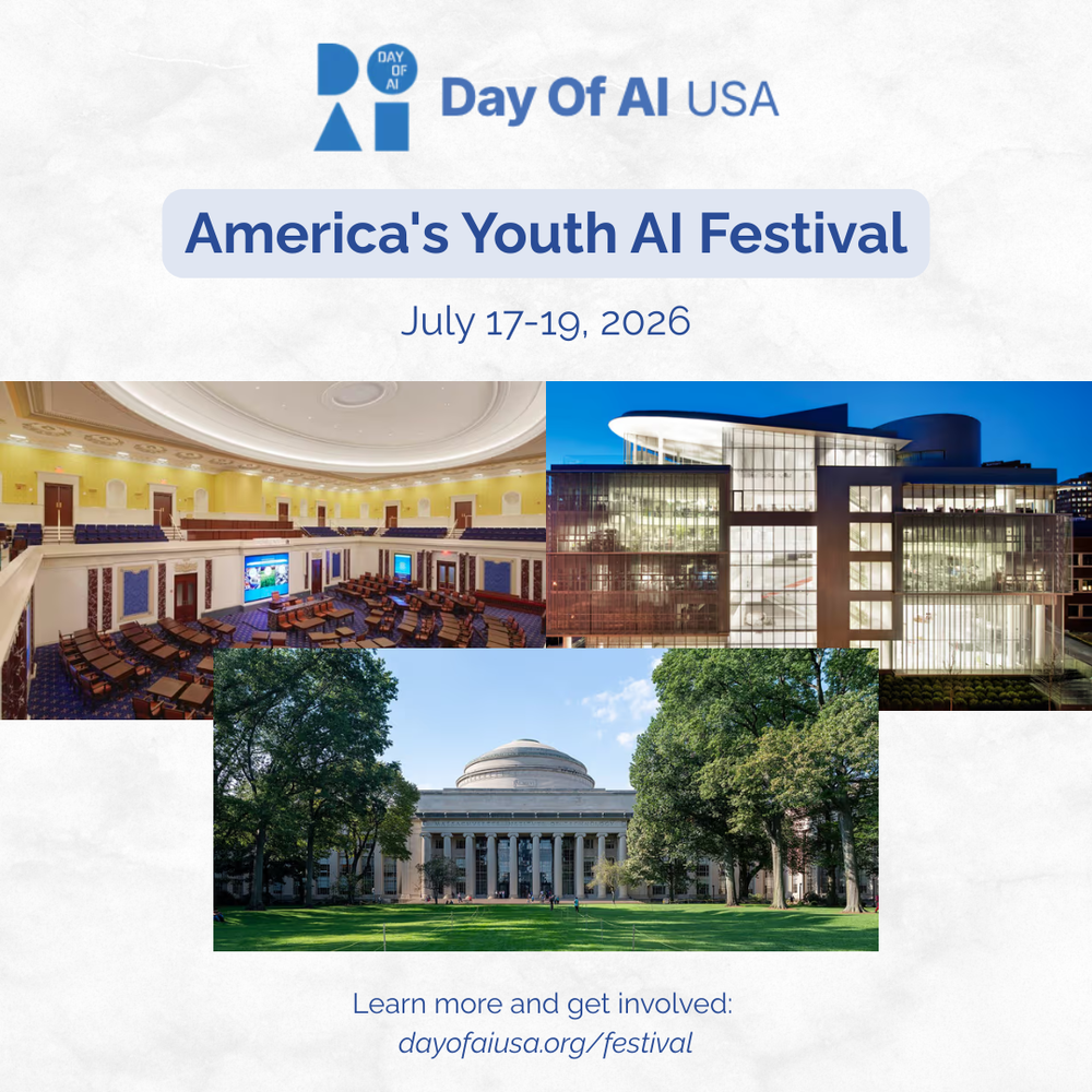 Social media graphic for Day of AI USA promoting “America’s Youth AI Festival,” scheduled for July 17–19, 2026. Top includes the Day of AI USA logo and a large title. Center shows a collage of event venue photos: a large auditorium, a modern glass building at night, and a domed campus building with a lawn and trees. Bottom text reads, “Learn more and get involved: dayofaiusa.org/festival.”