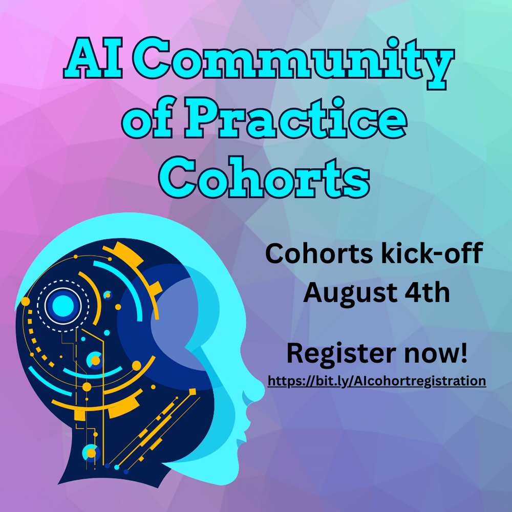 A stylized side profile of a human head with circuit-like patterns represents artificial intelligence on the left. The background is a gradient of purples and blues with geometric shapes. Large bold text reads: "AI Community of Practice Cohorts." Smaller text includes a link to register.