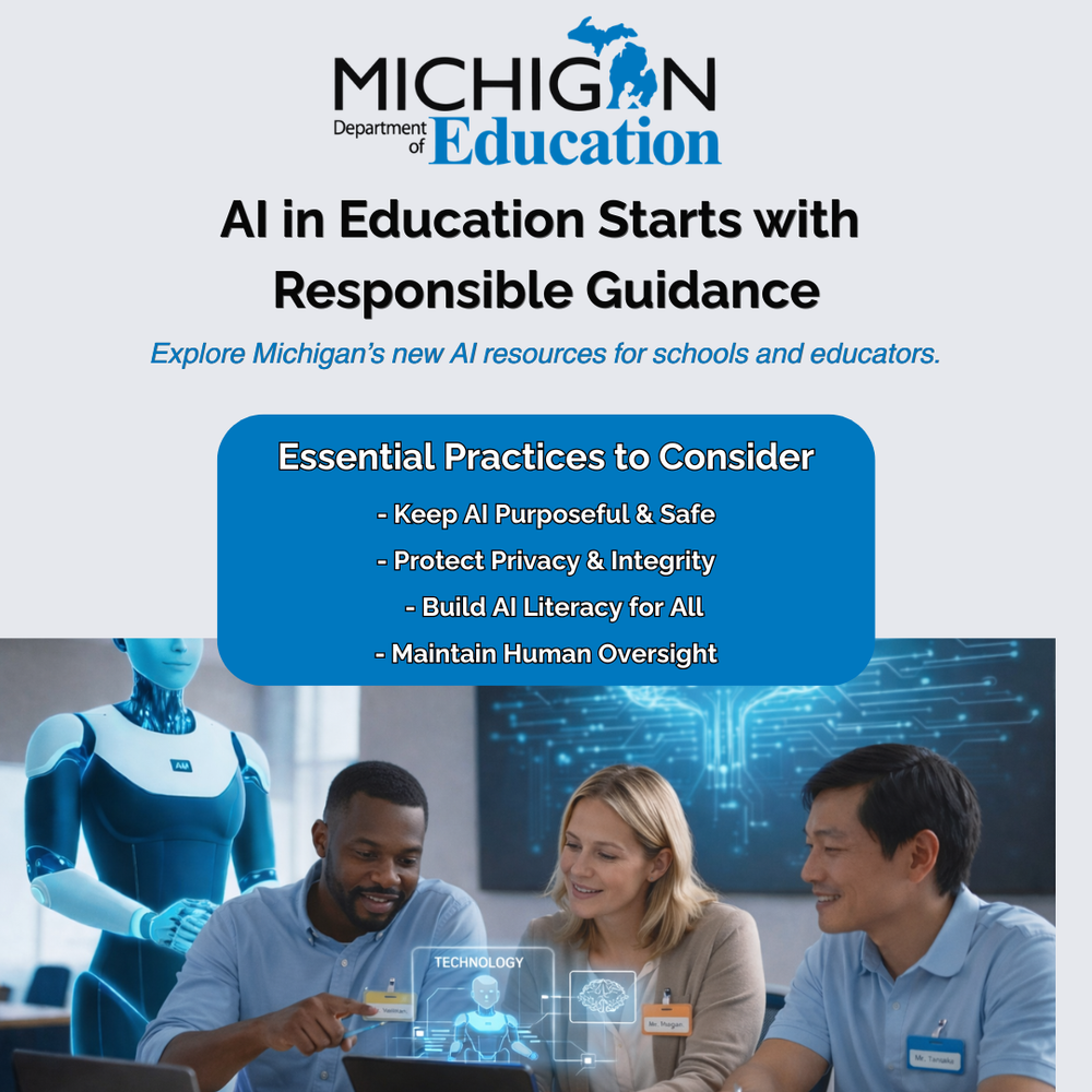 Michigan Department of Education graphic promoting responsible AI guidance, featuring key practices: keeping AI purposeful and safe, protecting privacy and integrity, building AI literacy for all, and maintaining human oversight. The image shows educators seated at a table with digital AI technology graphics and a humanoid robot nearby.