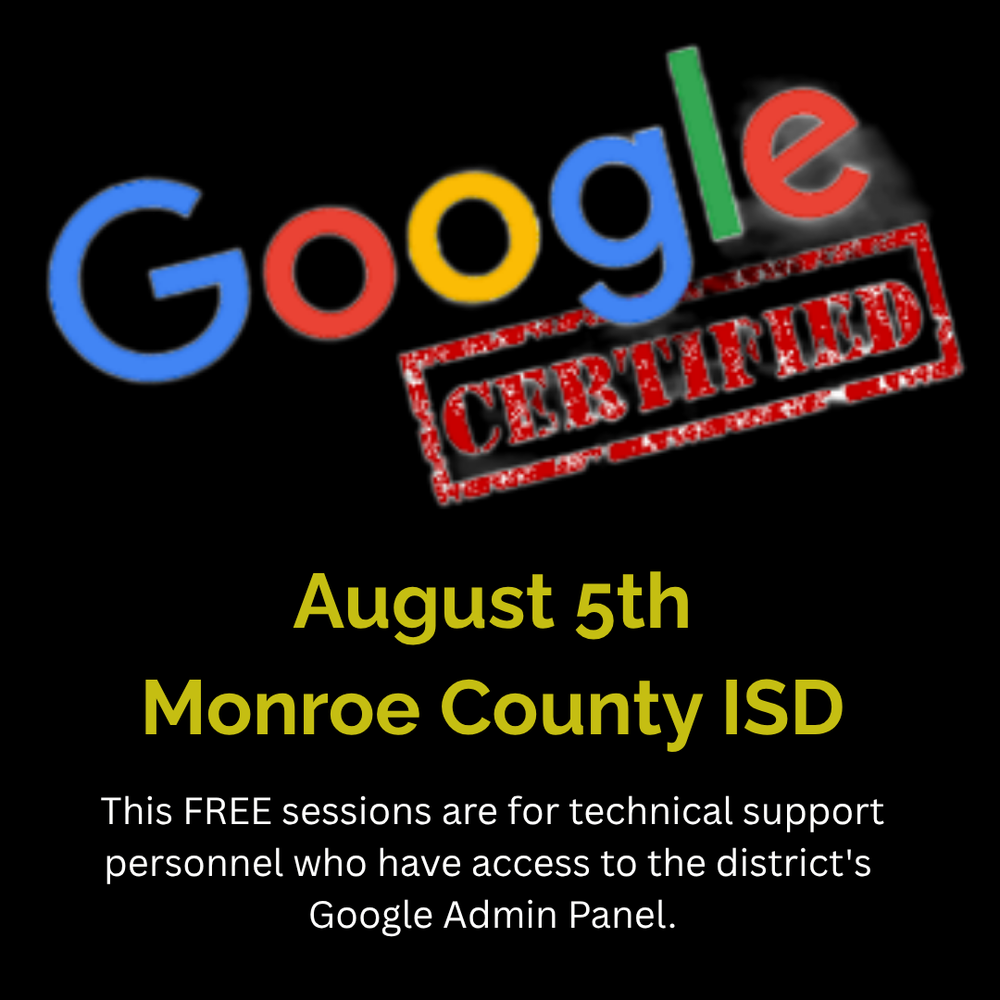 Black promotional graphic with the Google Amplified multi-colored logo indicating an upcoming training event on August 5th at Monroe ISD.