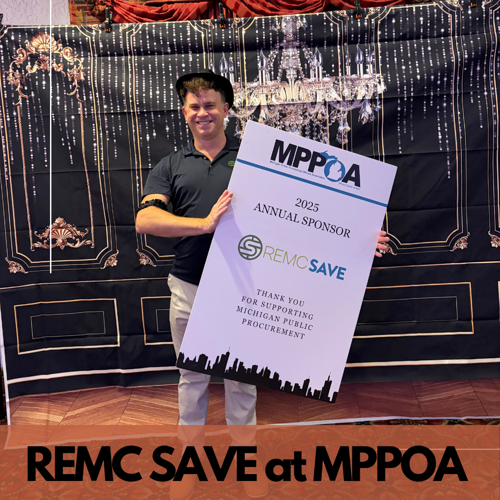 A smiling man wearing a black hat and dark polo shirt stands in front of a black and gold backdrop with chandelier graphics. He is holding a large white sign that reads "MPPOA 2025 Annual Sponsor REMC SAVE. Text overlay at the bottom reads: "REMC SAVE at MPPOA."
