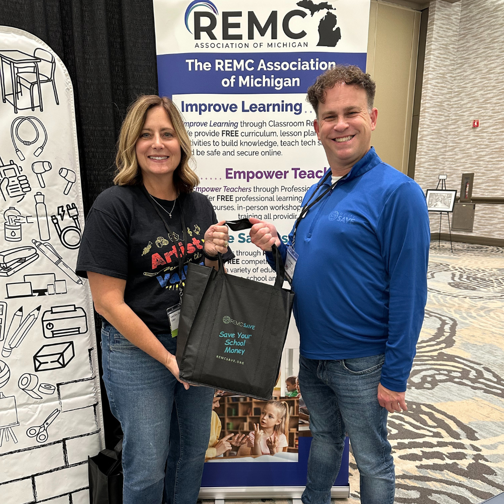 photos of educators standing indoors, each smiling and holding a bag filled with art supplies they won as part of the MAEA Drawing contest.