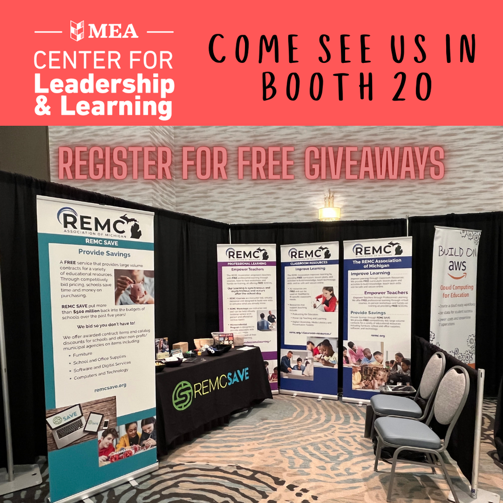 Promotional graphic with a coral header that reads “MEA Center for Leadership & Learning” and “Come see us in Booth 20.” Below, a photo shows a conference booth with REMC/REMC SAVE banners, a black REMC SAVE tablecloth on a display table with giveaway items, and two chairs; overlay text across the photo reads “Register for free giveaways.”