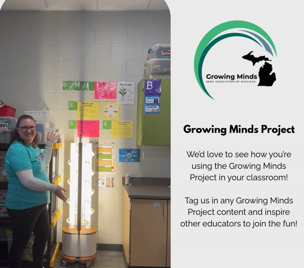Graphic with the Growing Minds logo on the right side and an image of a woman demonstrating an indoor vertical hydroponic grow tower.