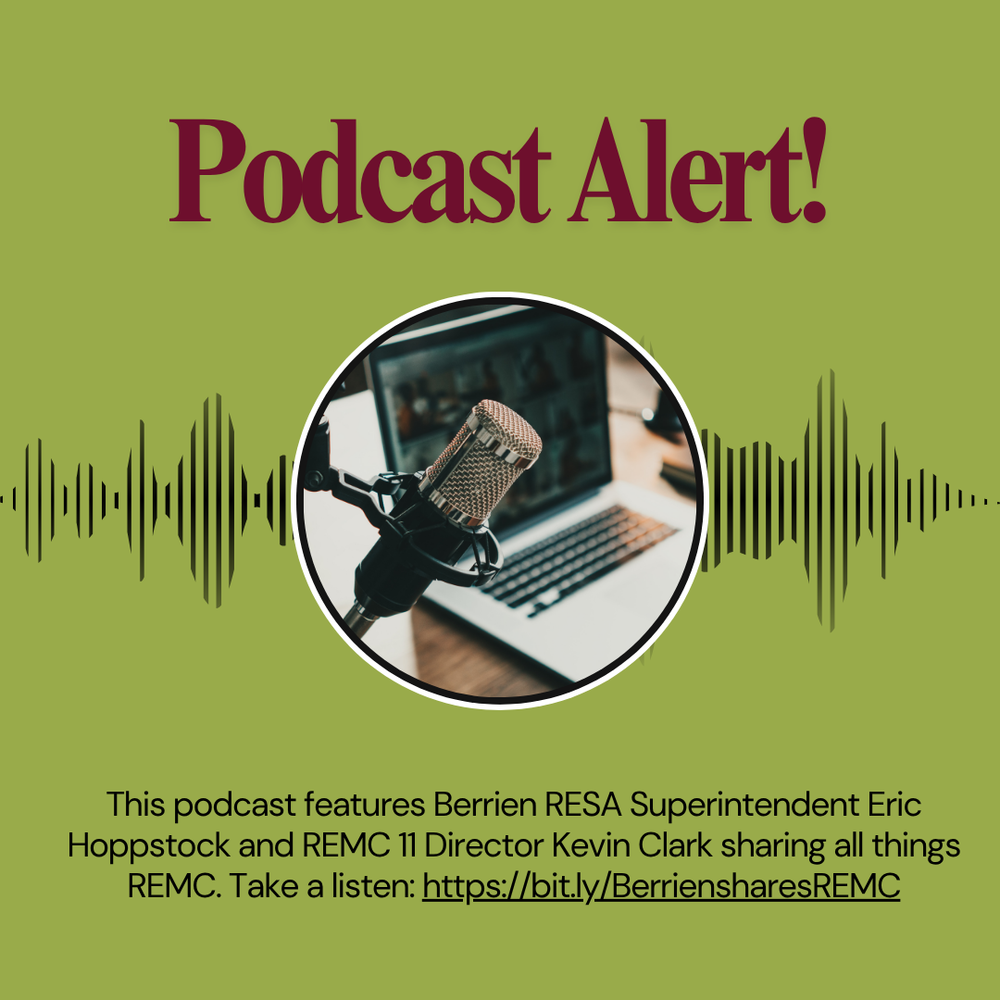 Green background image with large bold text at the top that reads "Podcast Alert!" In the center is a circular photo of a microphone in front of a laptop with soundwaves extending from both sides of the circle.