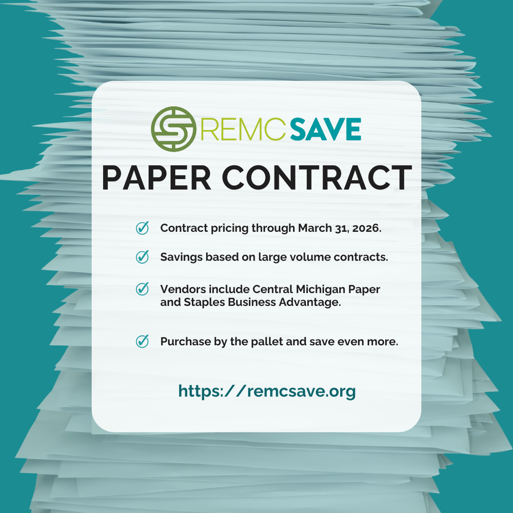 A digital graphic from REMC SAVE announcing the new paper contract. The background is filled with stacked sheets of paper with a teal color border. REMC SAVE logo is displayed at the top.