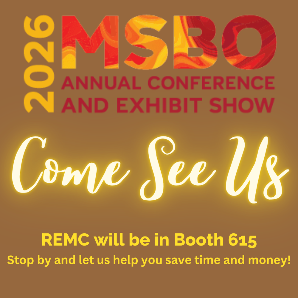 A square promotional graphic for the 2026 MSBO Annual Conference and Exhibit Show. At the top, “2026” appears vertically in yellow beside a large “MSBO” logo with a red, orange, and yellow marbled pattern. Below it, red text reads “Annual Conference and Exhibit Show.” Centered in the middle, glowing script text says “Come See Us.” At the bottom, yellow text reads “REMC will be in Booth 615” and “Stop by and let us help you save time and money!” The background is medium brown.