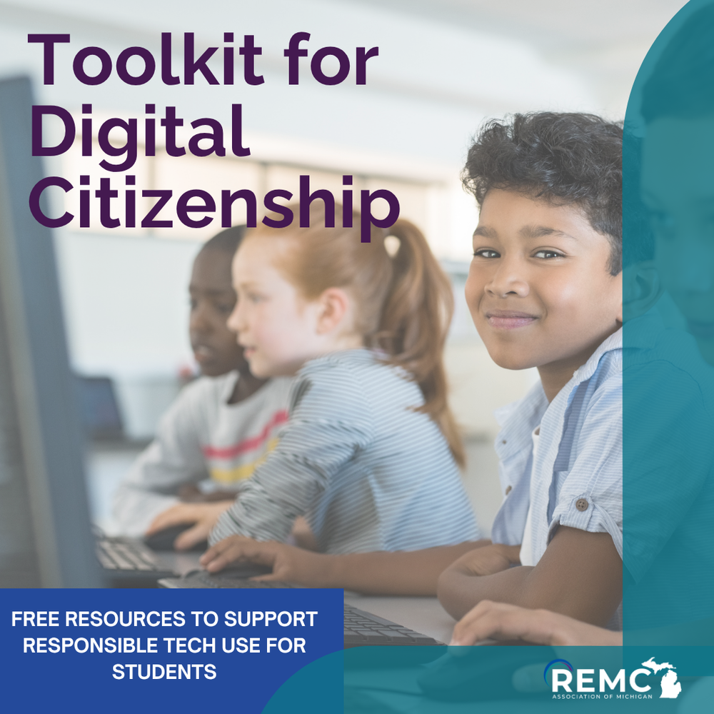 Promotional graphic for the REMC Association of Michigan's Toolkit for Digital Citizenship. The image shows three children using desktop computers in a classroom. One child in the foreground looks toward the camera with a slight smile. The REMC logo appears in the bottom right corner.