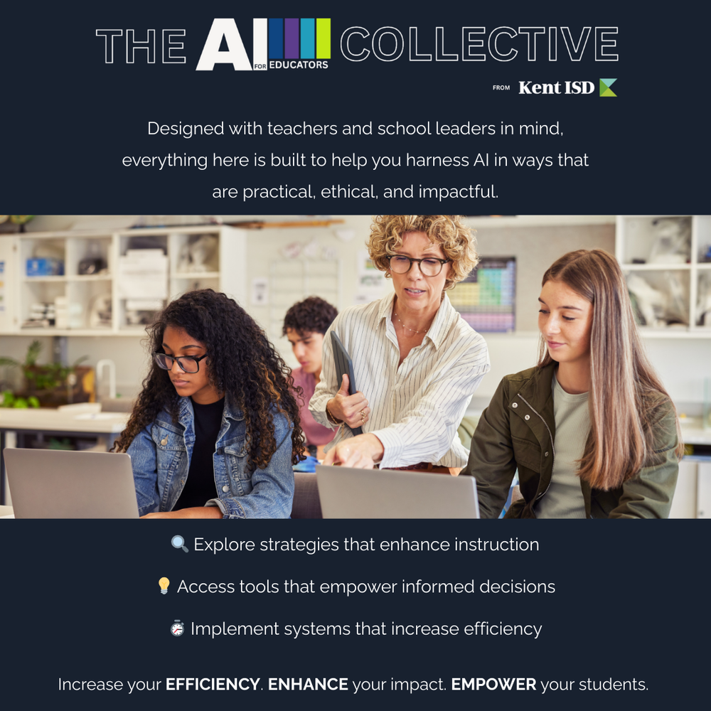 Promotional graphic titled “The AI Collective for Educators” from Kent ISD. A teacher stands between two students using laptops in a classroom, pointing at a screen. Text reads: “Designed with teachers and school leaders in mind… built to help you harness AI in ways that are practical, ethical, and impactful,” with bullets: “Explore strategies that enhance instruction,” “Access tools that empower informed decisions,” and “Implement systems that increase efficiency,” followed by “Increase your efficiency. Enhance your impact. Empower your students. 