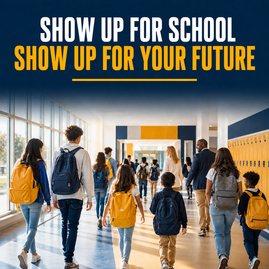 Students of different ages walk through a bright school hallway with supportive adults nearby.