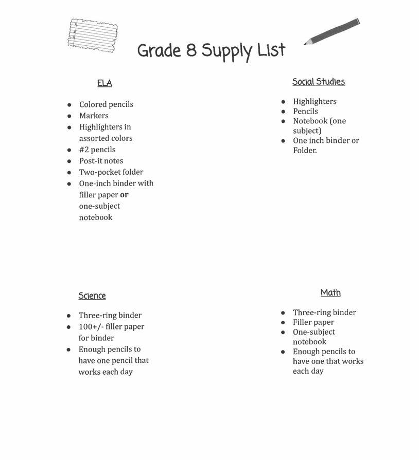 Gr. 8 Supply List