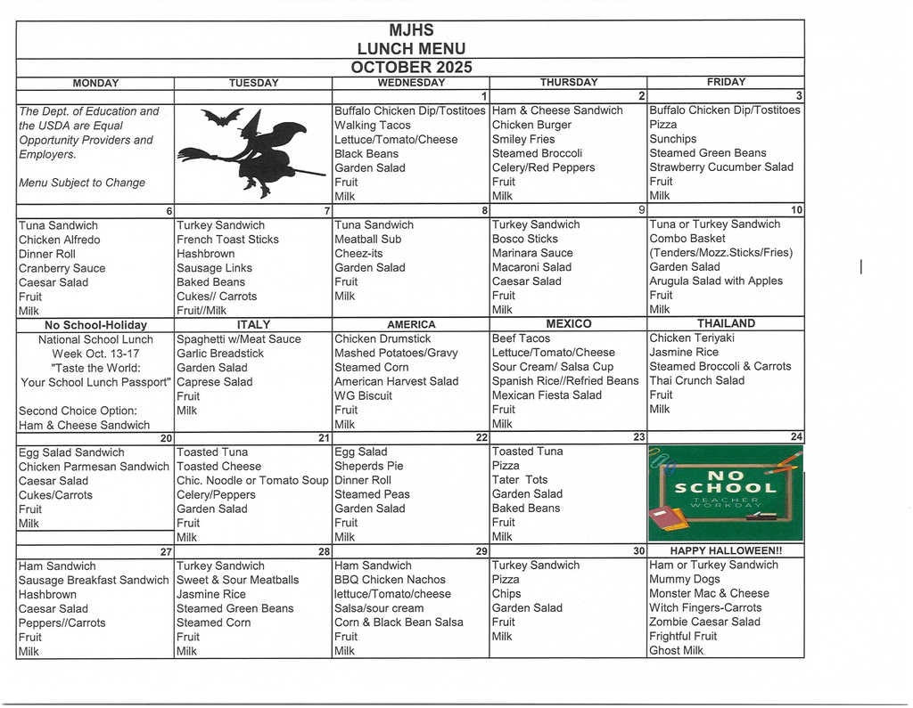 October Lunch Menu