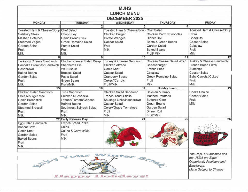 December Lunch Menu