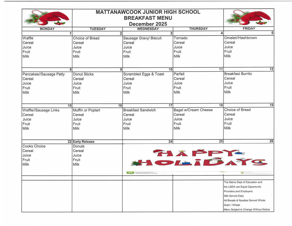 December 2025 Breakfast Menu