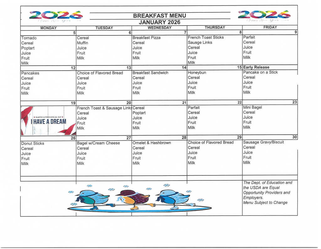 January 2026 Breakfast Menu