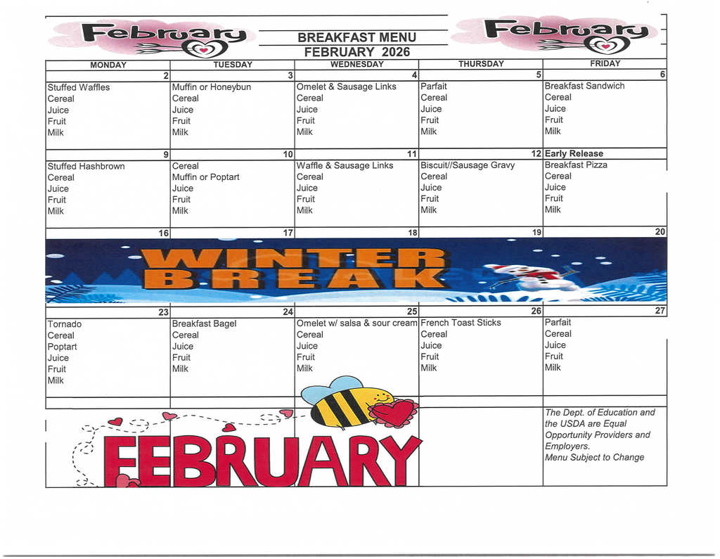 February 2026 Breakfast Menu
