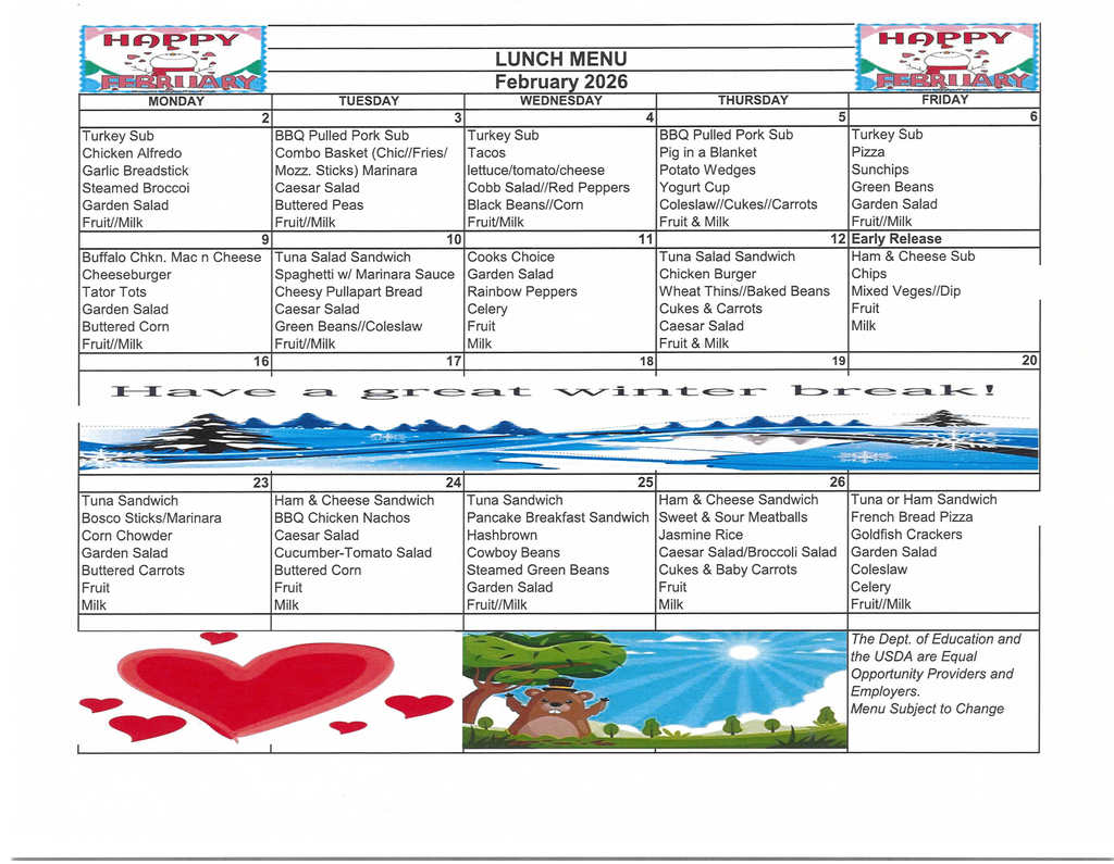 February  2026 Lunch Menu