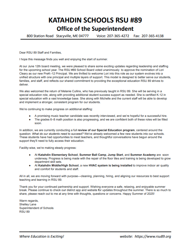 Letter from the Superintendent