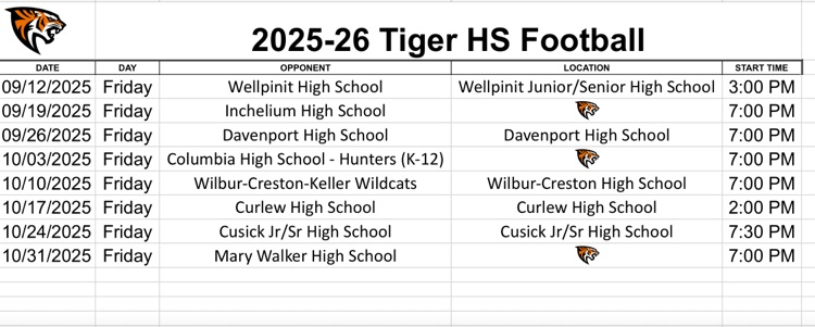 Updated Varsity Football Schedule