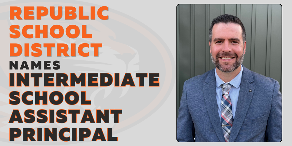 Announcement graphic from Republic School District featuring a headshot of a smiling man in a blue suit and plaid tie. The text to the left reads: "Republic School District Names Intermediate School Assistant Principal."