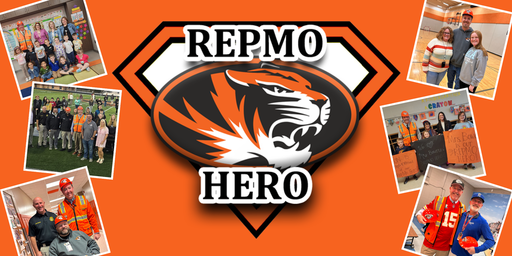 Orange background, Tiger Head badge in the middle with text that says, "REPMO HERO," with images around the border of students and staff