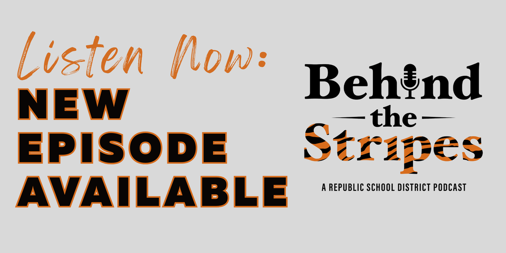 Gray background, text that reads Listen Now: New Episode Available, with the Behind the Stripes logo