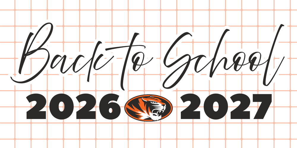 Orange and white grid background, block lettering that says "BACK TO SCHOOL 2026-2027" with a tiger head logo