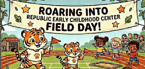 Cartoon Tigers and children playing on an outdoor track for field day fun!