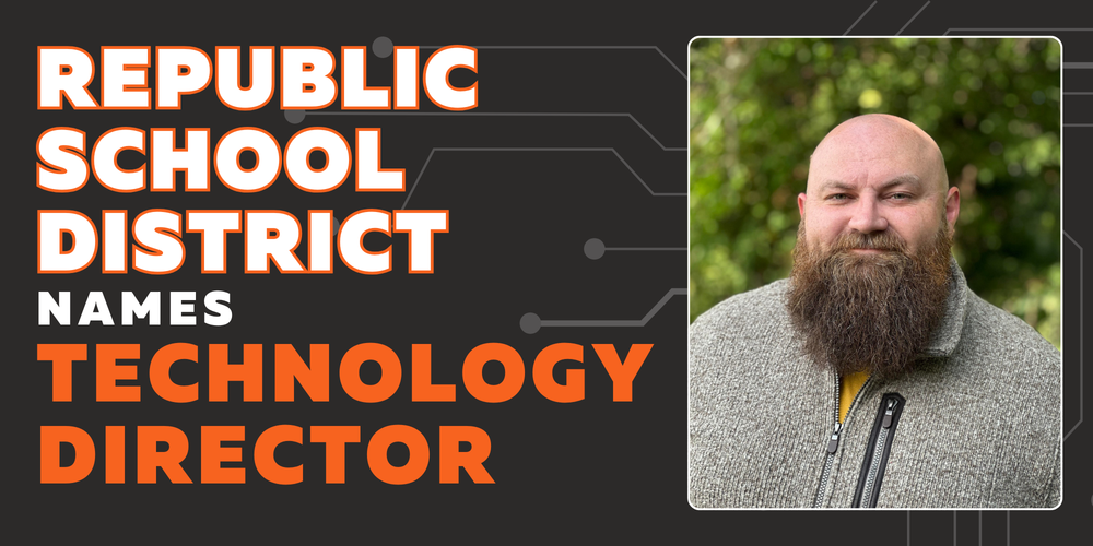 Dark gray background, lines in the background representing technology and connection, text that says "REPUBLIC SCHOOL DISTRICT NAMES TECHNOLOGY DIRECTOR"