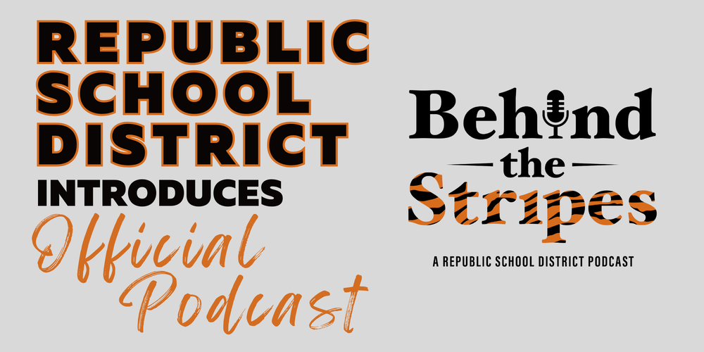 Gray background, text that reads "Republic School District introduces official podcast" and "Behind the Stripes" logo to the right