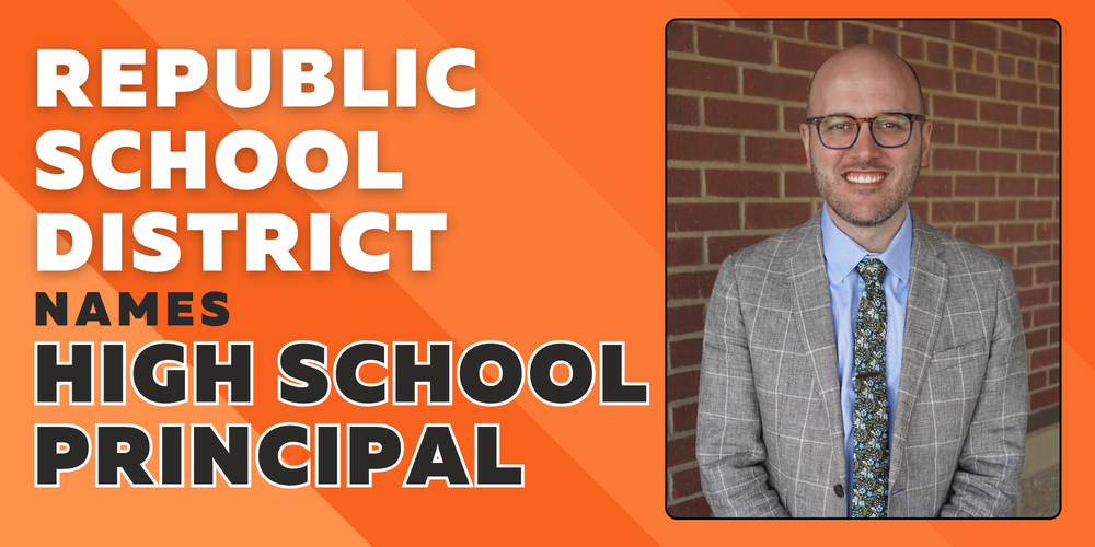 Graphic with an orange background and white text that reads, "Republic School District Names High School Principal." To the right is a framed portrait of a smiling man with glasses, wearing a light blue shirt, floral tie, and grey plaid blazer.