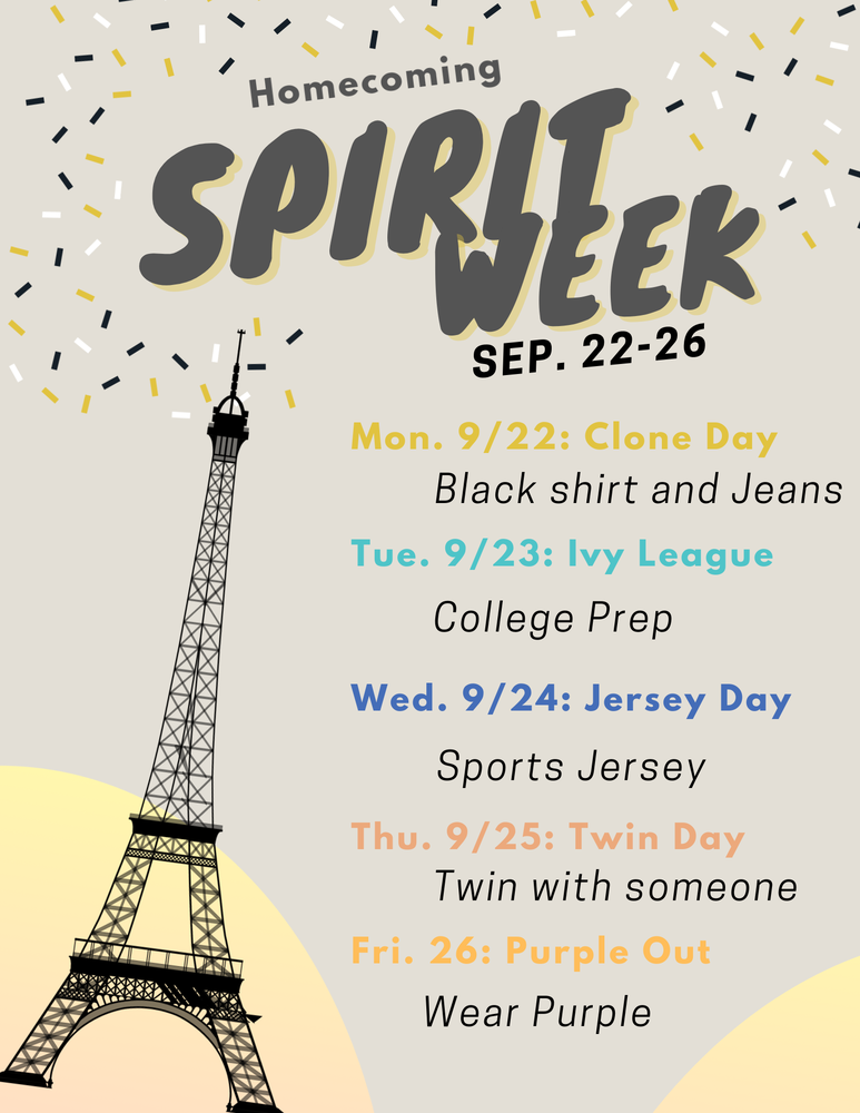 Spirit Week September 22-26 monday Clone day tuesday ivy league Wednesday Jersey Day Thursday Twin Day Friday Purple Out Wear Purple 