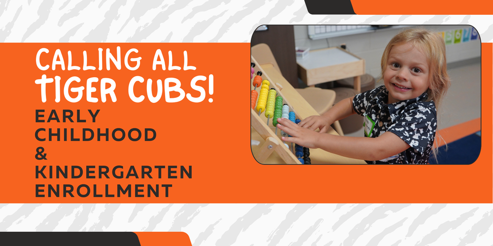 An announcement graphic from the Republic School District featuring a young child smiling while playing with an abacus. The top left displays the district’s tiger logo. Large text on an orange background reads, "Calling all Tiger Cubs! Early Childhood & Kindergarten Enrollment 2026-2027 School Year." At the bottom, a call to action directs viewers to republicschools.org for details. The background features a subtle gray and white tiger stripe pattern.