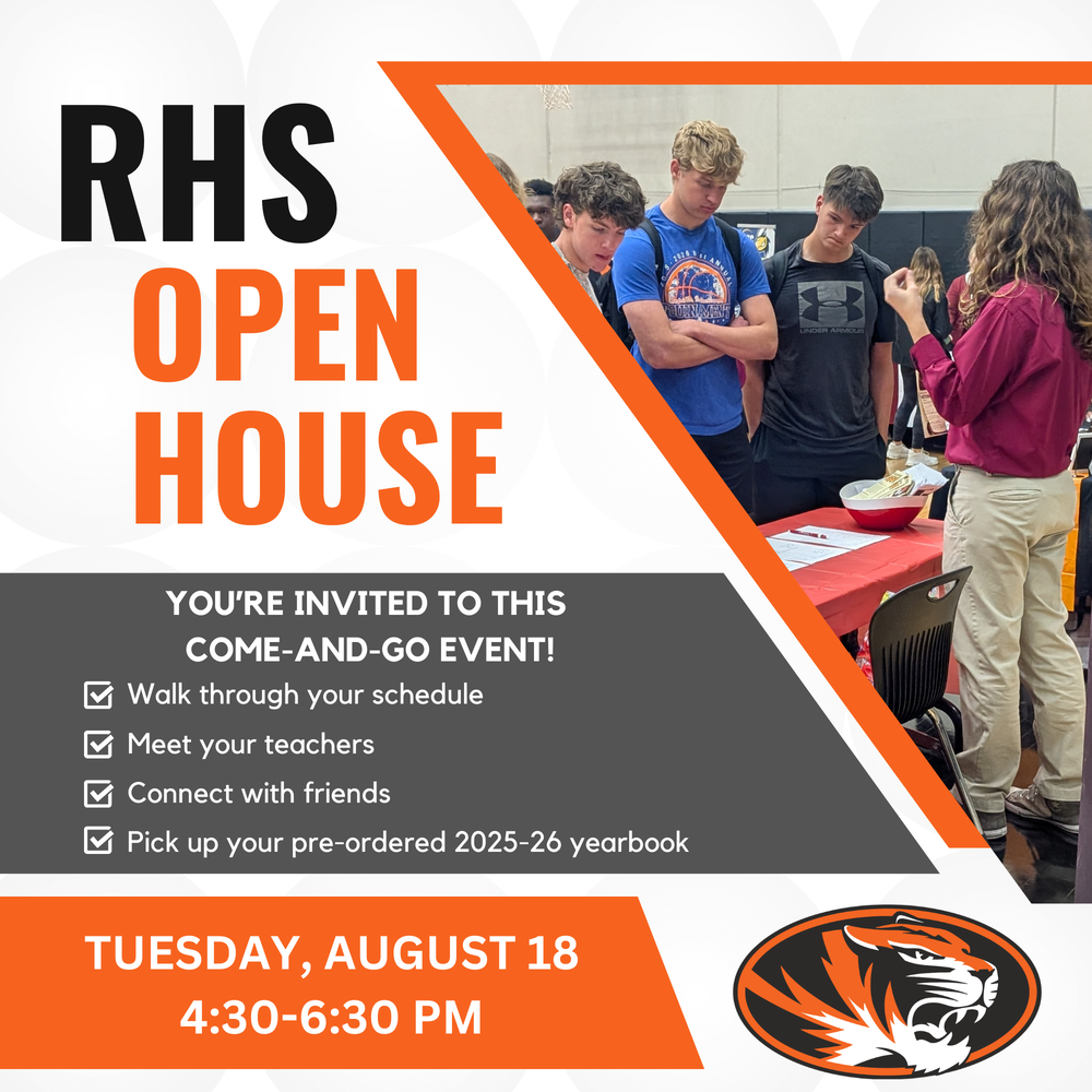 open house flyer with details about the event and an image of students