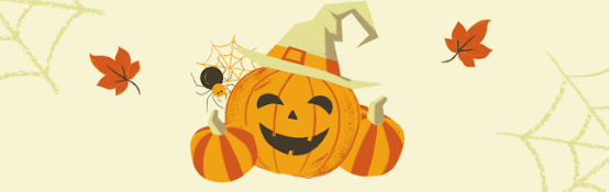 Two pumpkins and a jack-o-lantern wearing a witch hat with leaves falling and spider webs in the background.