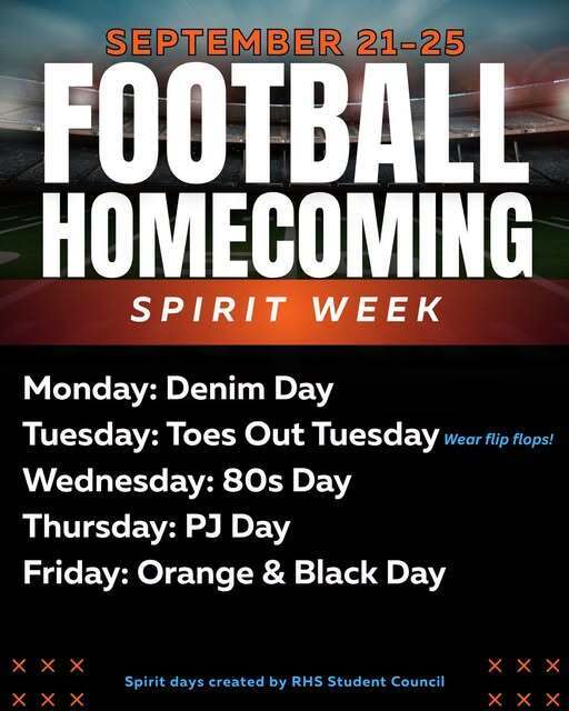A flyer for Football Homecoming Spirit Week from September 21st to 25th, featuring daily themes created by RHS Student Council.