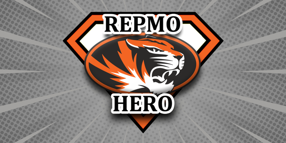 Gray sunburst-style background with RepMO Hero logo in the center