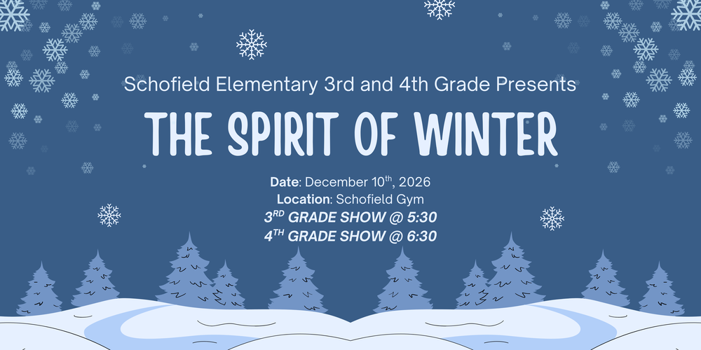 Graphic with a winter snow scene with pine trees and snow