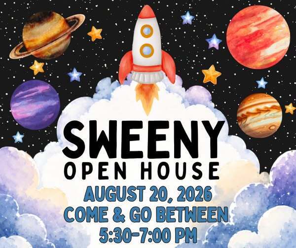 Space-themed Sweeny Elementary Open House announcement featuring planets, stars, and a rocket with event details.