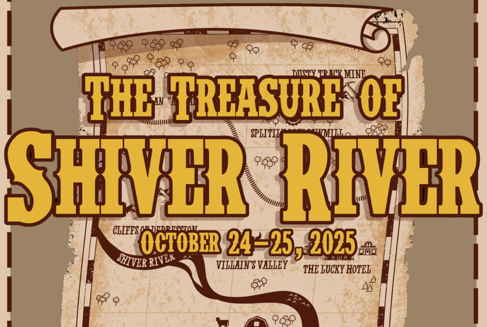 Poster for Republic Middle School’s Tiger Troupe theatre production. Title reads: “The Treasure of Shiver River, or... It’s Hard to Drive Cattle When Their Horns Are Frozen” by Flip Kobler and Cindy Marcus. The performance dates are October 24–25, 2025, at 7:30 PM. Admission is listed as “1 canned food donation or money donation.” Background features an old-fashioned treasure map labeled with landmarks such as “Shiver River Ranch,” “Villain’s Valley,” and “The Lucky Hotel.” Text at the top reads: “Tiger Troupe at Republic Middle School Presents...” At the bottom, it notes the play is produced by special arrangement with Pioneer Drama Service, Inc., Englewood, Colorado, and includes the website www.pioneerdrama.com