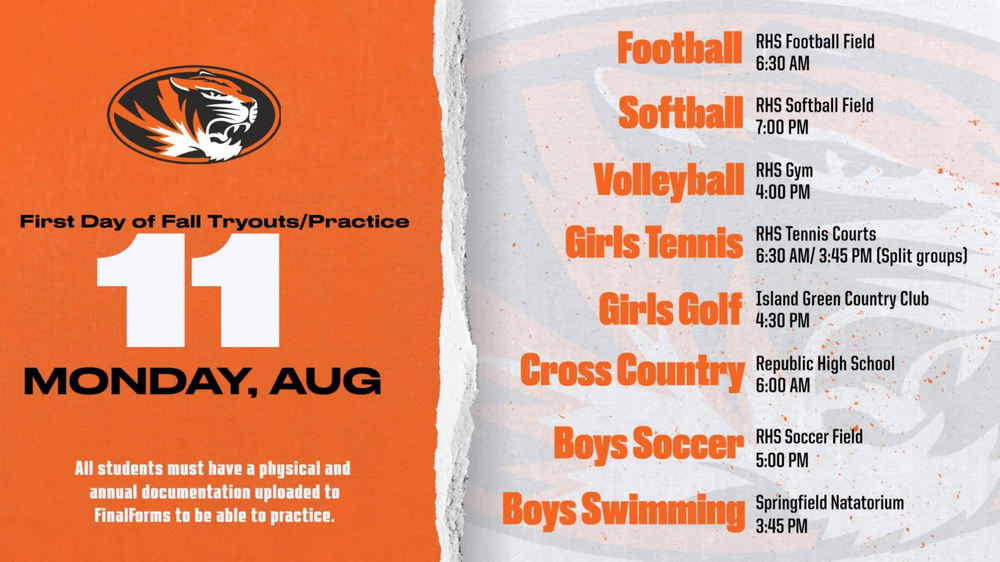 First Day of Fall Tryouts/ Practice Monday August 11th
