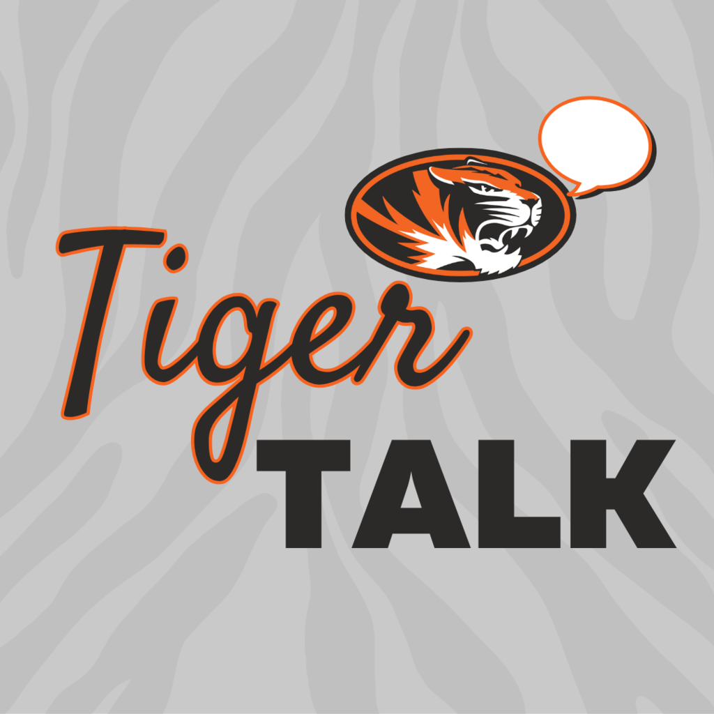 Gray tiger stripe background, orange and black lettering with the words "Tiger Talk"