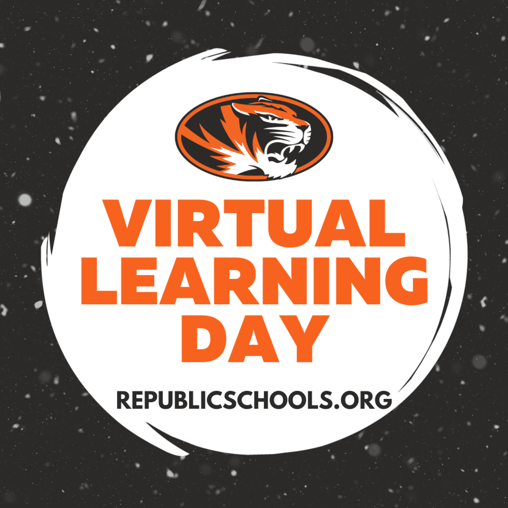 Dark gray background, white specs mimicking snow, large white circle with orange letters stating, "VIRTUAL LEARNING DAY"
